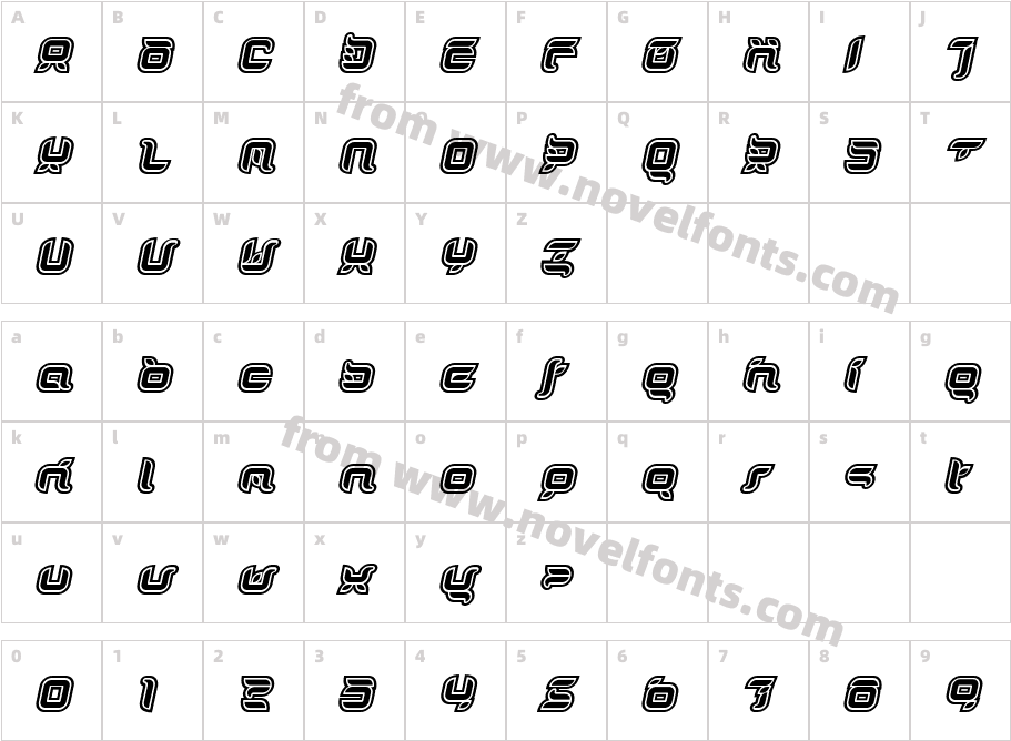 DorisOrangeOutlineItalicCharacter Map