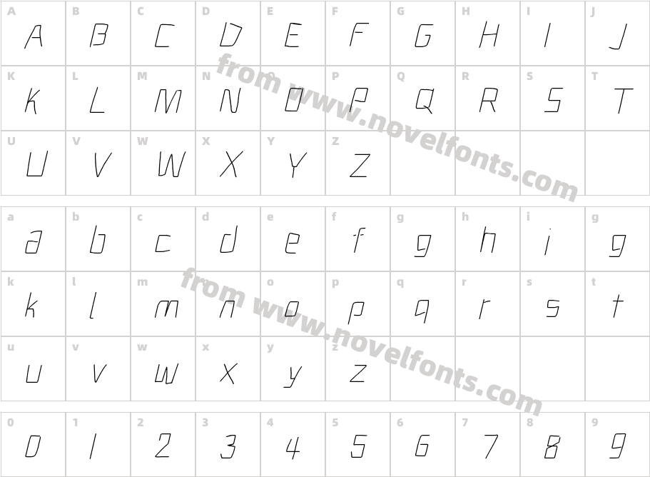 Electronic ExtraLight ItalicCharacter Map