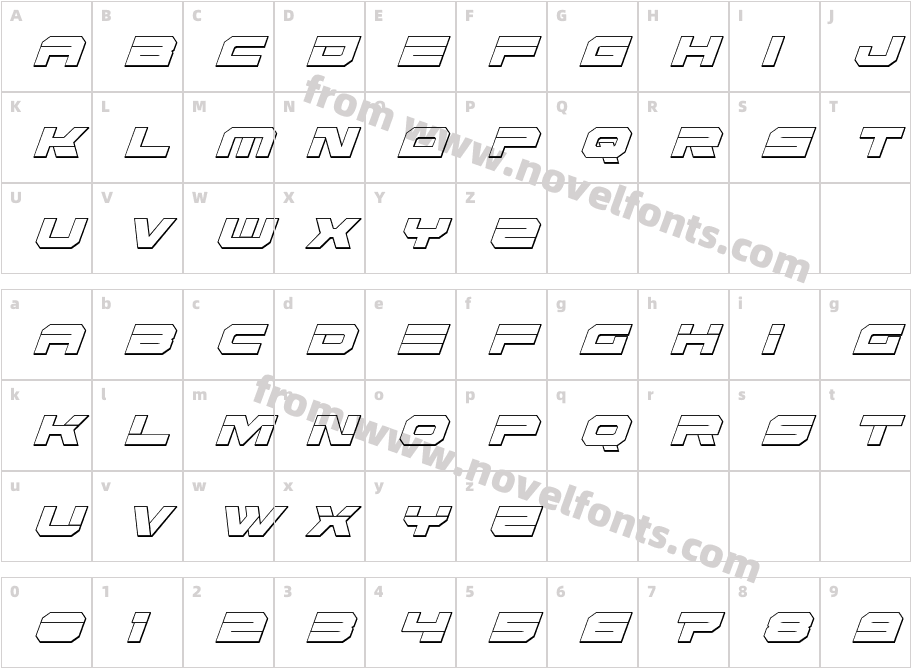 Eridanus Condensed 3D ItalicCharacter Map