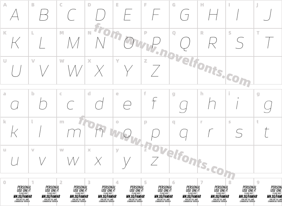 Famiar PERSONAL USE ONLY Thin ItalicCharacter Map