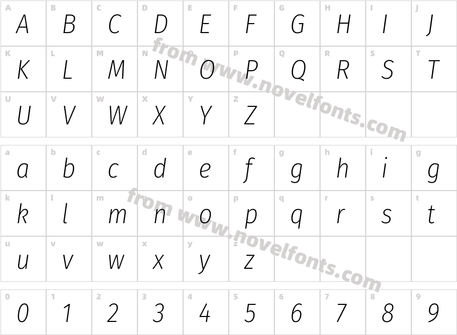 Fira Sans Condensed ExtraLight ItalicCharacter Map