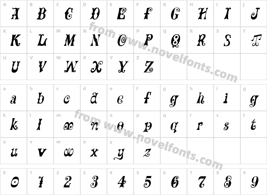 Frilly ItalicCharacter Map