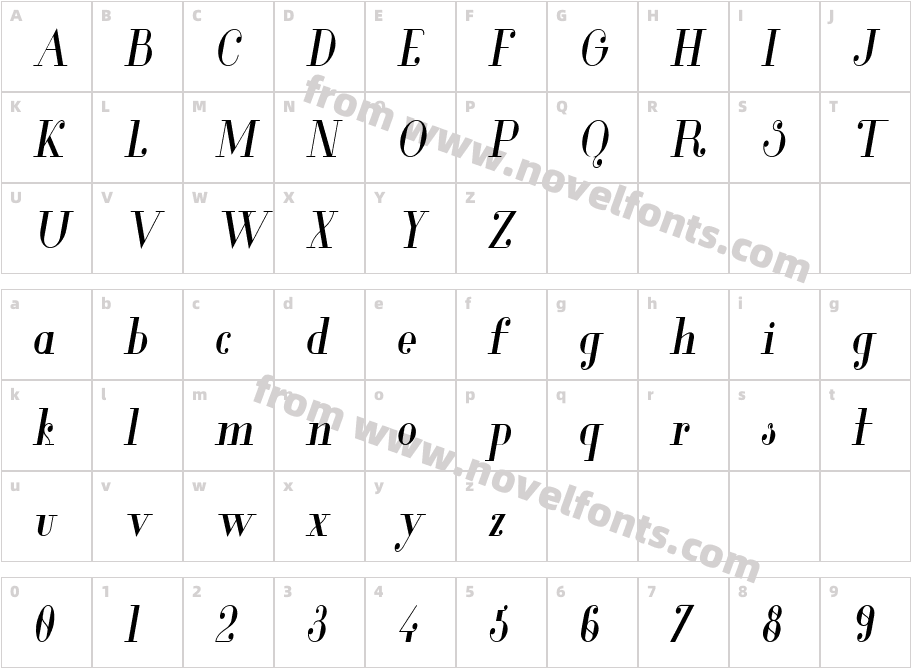 Glamor Medium Condensed ItalicCharacter Map