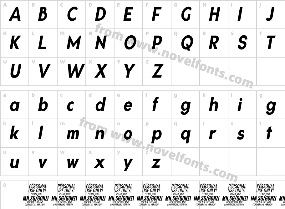 Gonzi Condensed PERSONAL USE Bold ItalicCharacter Map