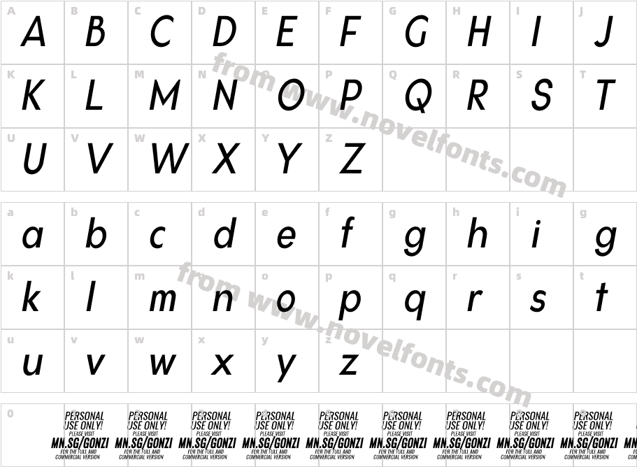 Gonzi Condensed PERSONAL USE Regular ItalicCharacter Map