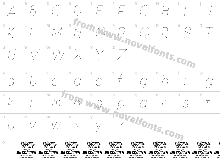 Gonzi Condensed PERSONAL USE Thin ItalicCharacter Map