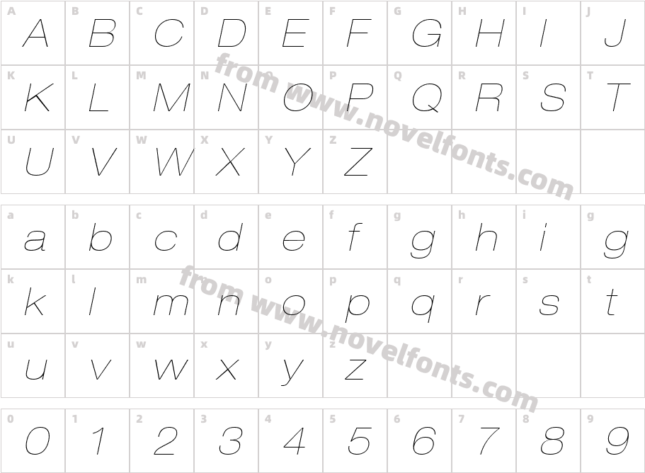 Helvetica LT 23 Ultra Light Extended ObliqueCharacter Map