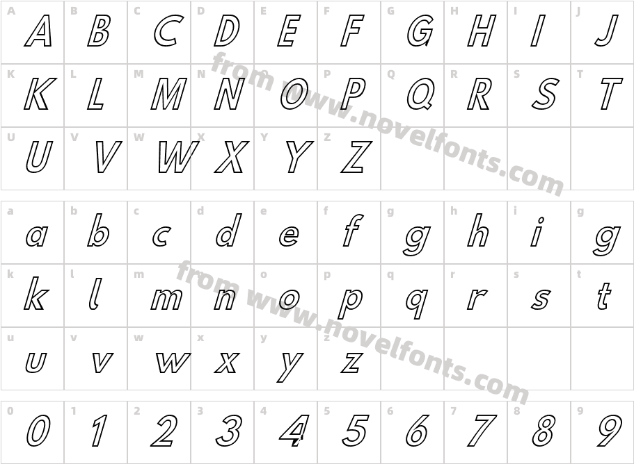 Hussar Simple ExtraCondensed Ghost Oblique ThreeCharacter Map