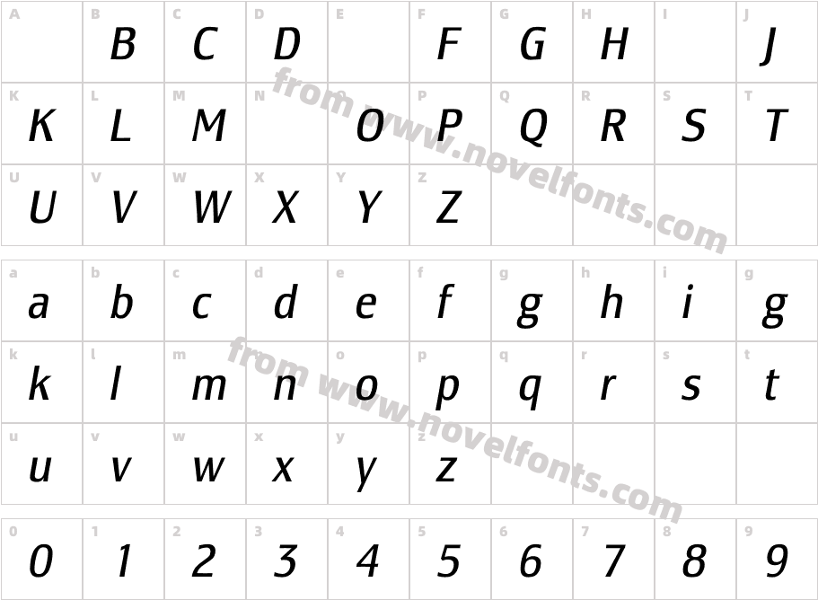 LesmoreBookCondensedItalicCharacter Map