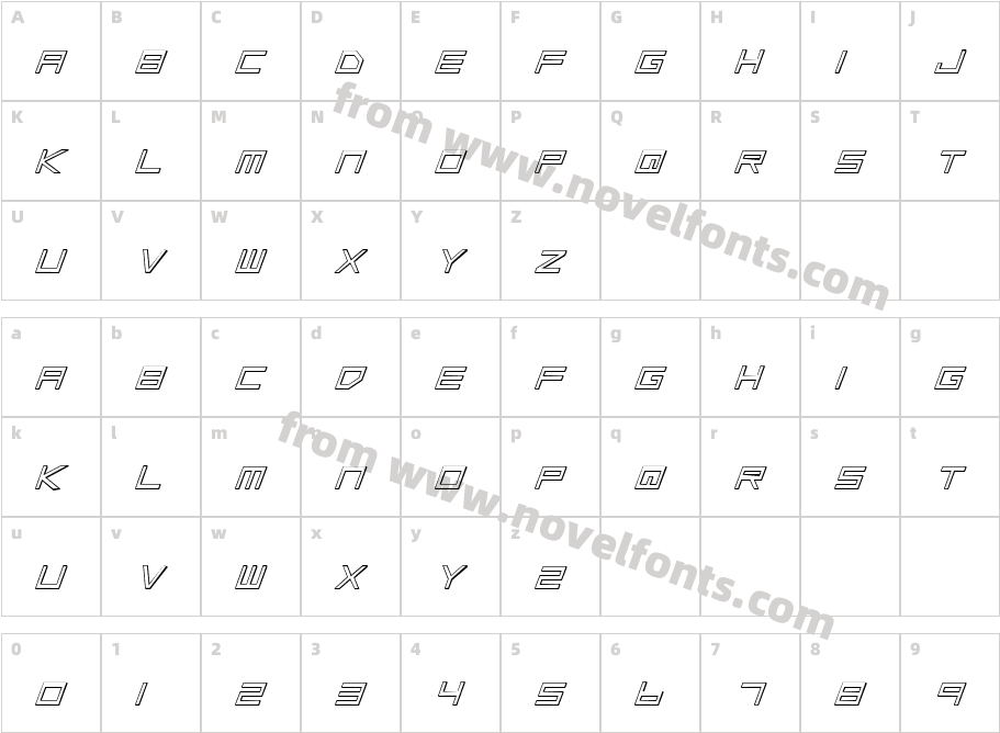 Low Gun Screen Outline ItalicCharacter Map