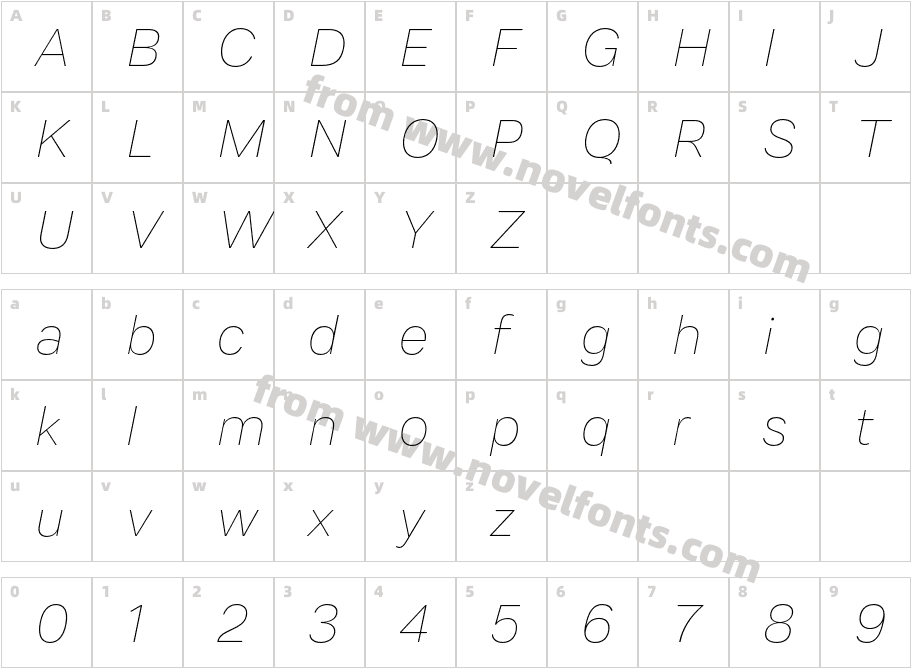 MalnorSans-ThinObliqueCharacter Map