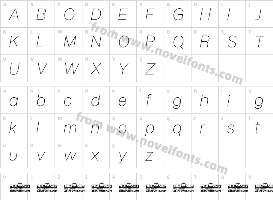 Milligram Macro Trial Thin ItalicCharacter Map