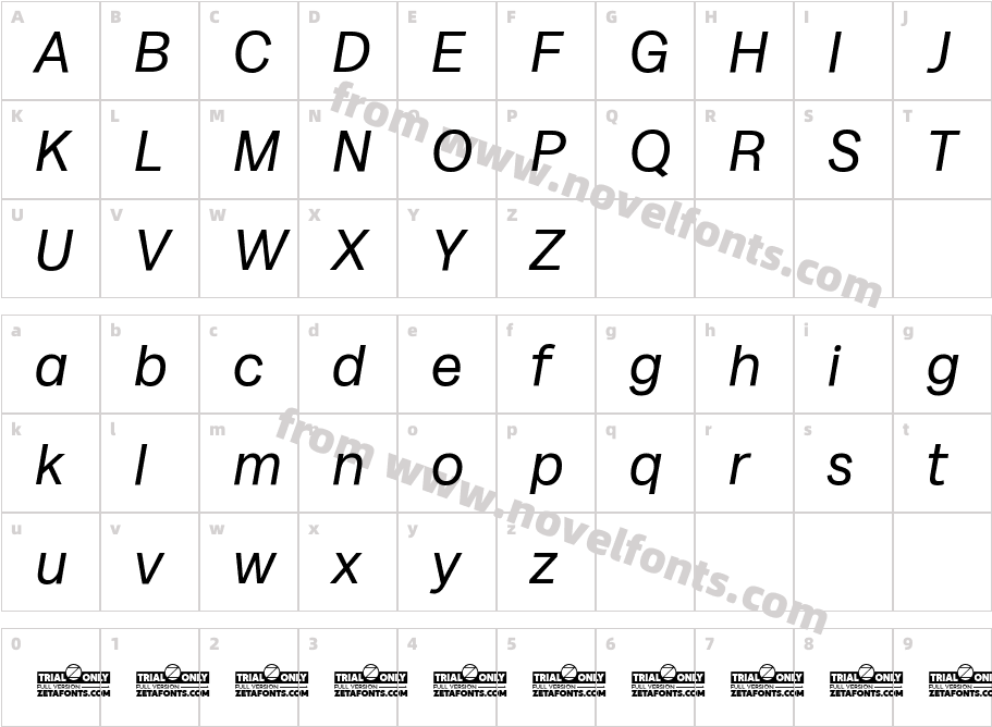 Milligram Trial ItalicCharacter Map