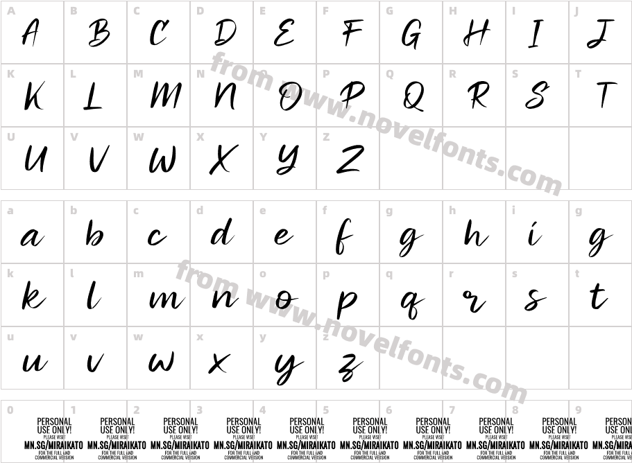 Miraikato Script PERSONAL USE Thin ItalicCharacter Map