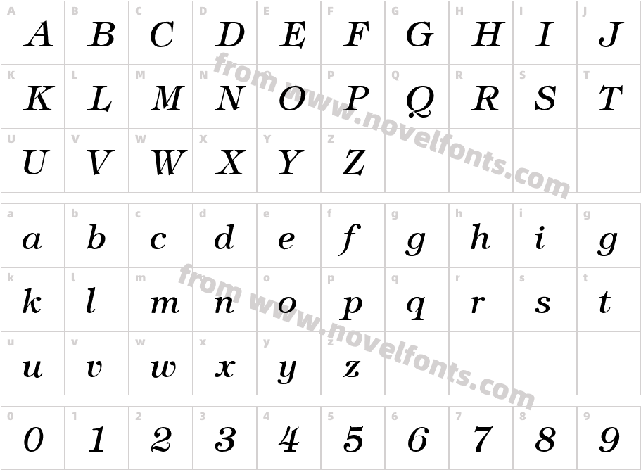 NewTiffanyItalicCharacter Map