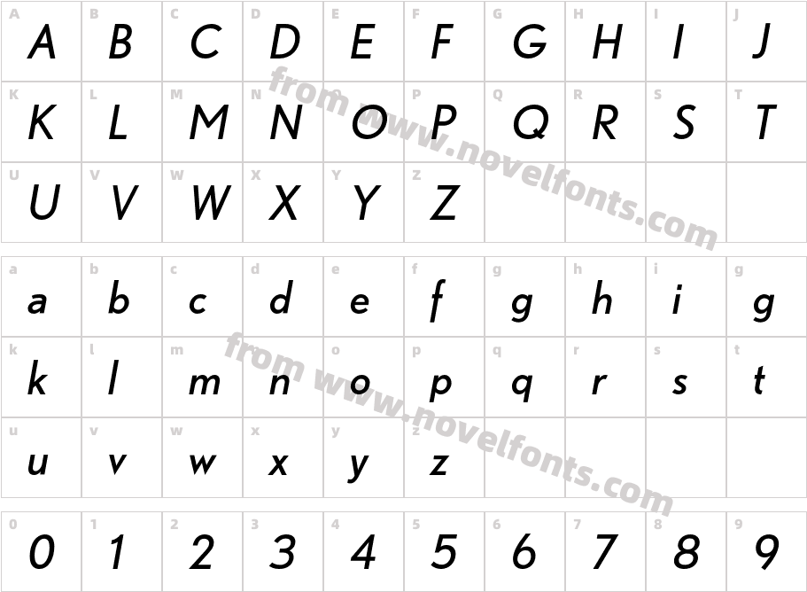 Nobel-RegularItalicCharacter Map