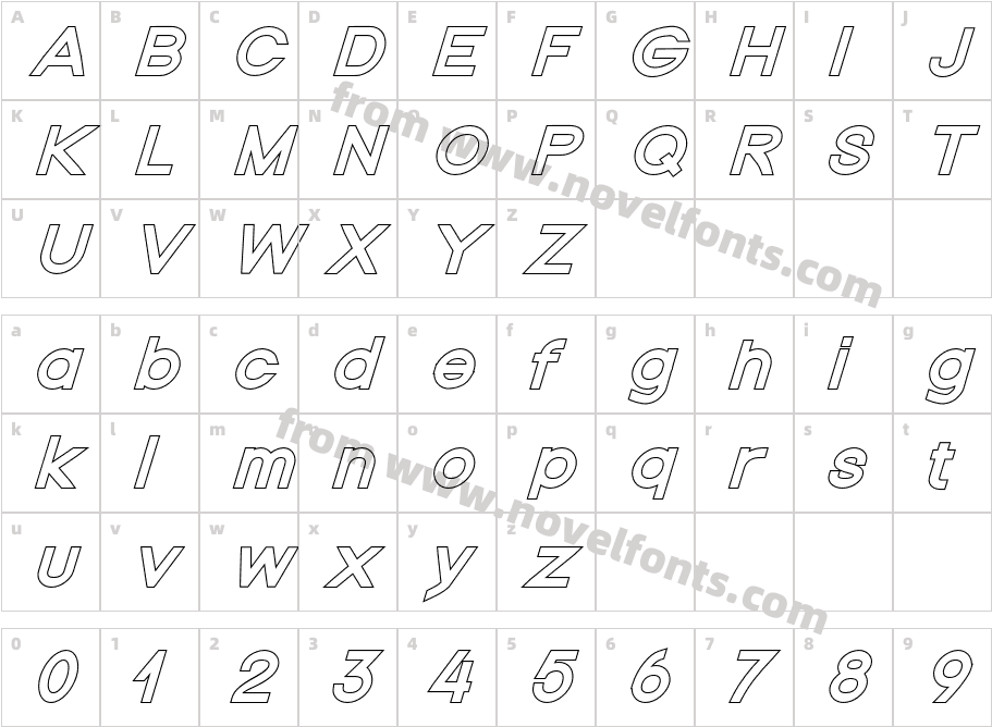 Nordica Classic Regular Extended Oblique OutlineCharacter Map