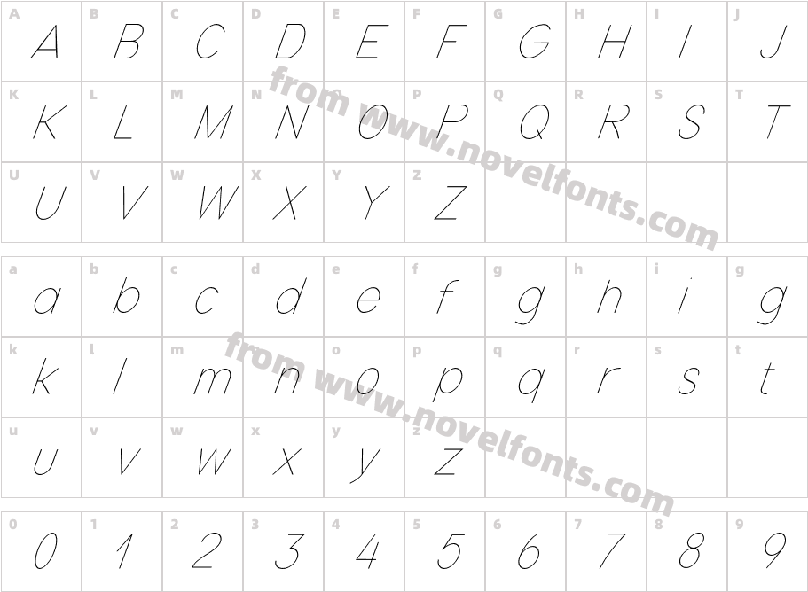 Nordica Classic Ultra Light Condensed ObliqueCharacter Map