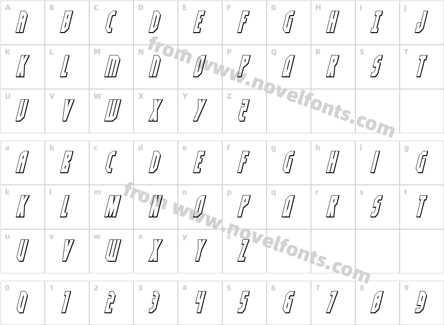 Orion Prime 3D ItalicCharacter Map