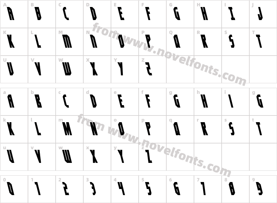 Orion Prime Spaced LeftalicCharacter Map