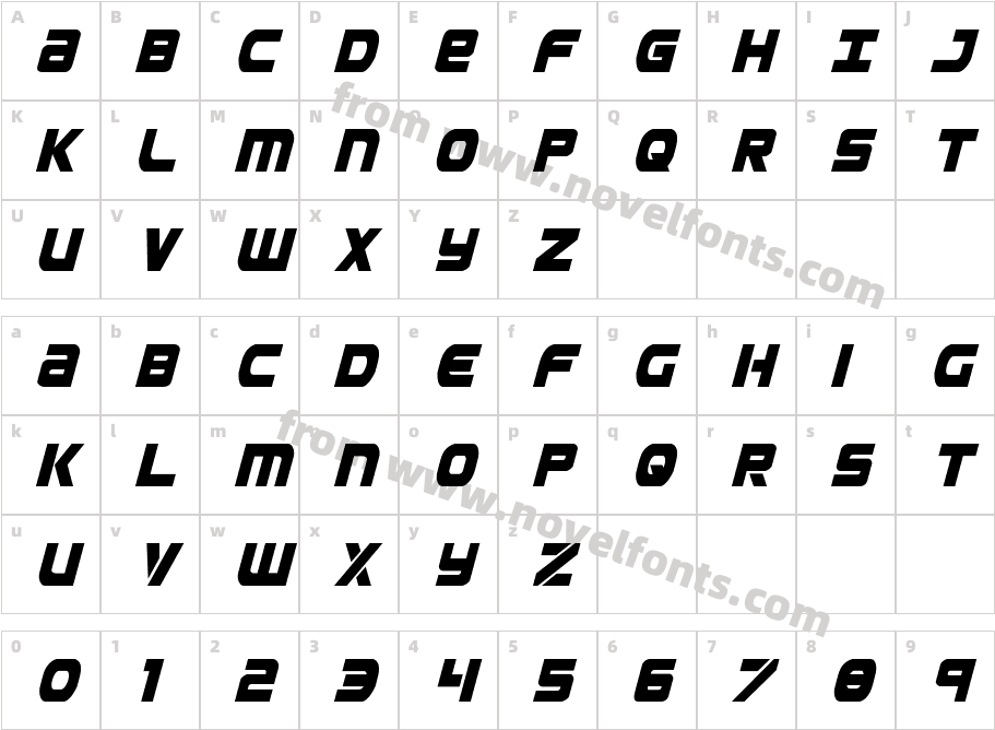 Ozda Condensed ItalicCharacter Map