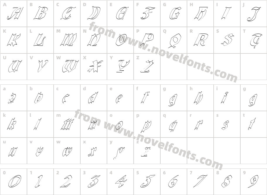 QuaelGothicHollowItalicsCharacter Map