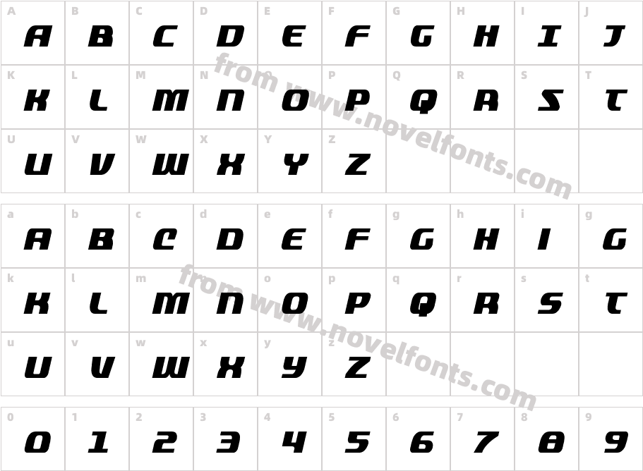 Quickening Extra-Condensed ItalicCharacter Map