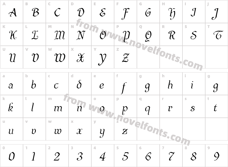 Quill Sword Light ItalicCharacter Map