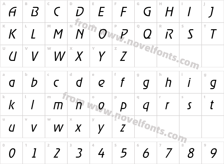 RevelLight ItalicCharacter Map