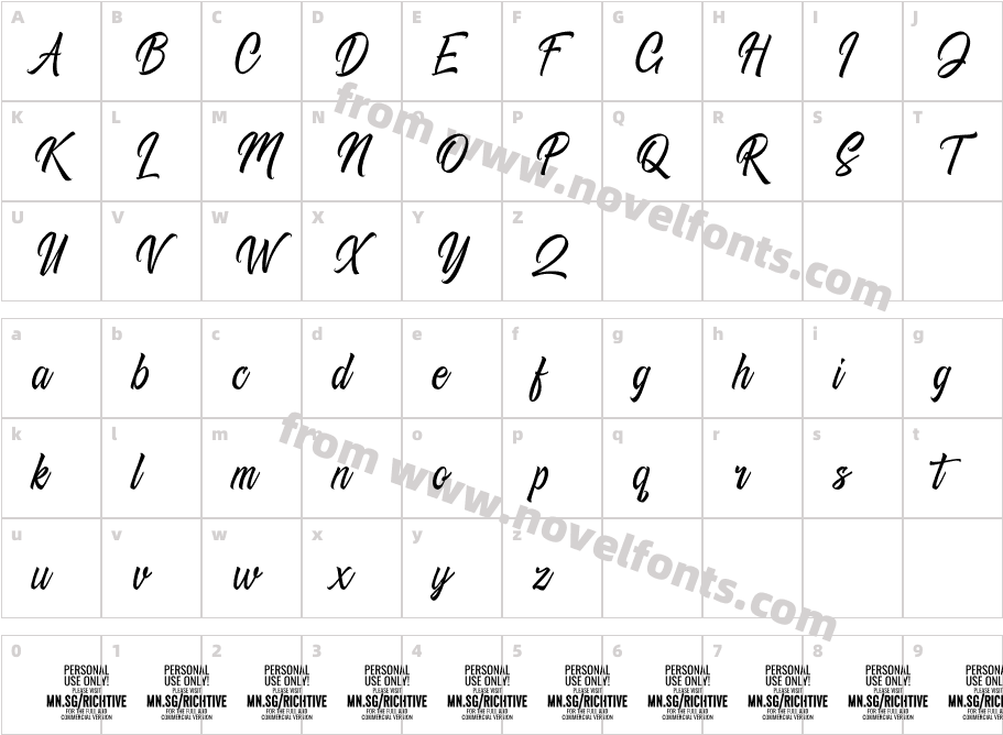 Richtive Script PERSONAL USE RegularCharacter Map