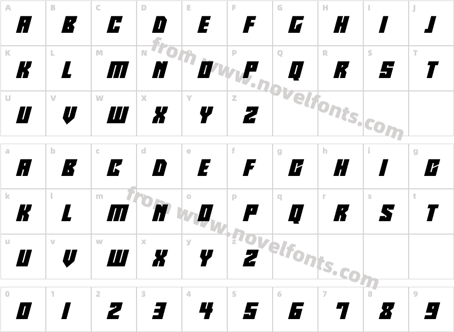 Robotronics ItalicCharacter Map