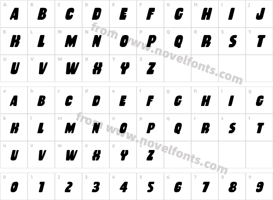 Rubber Boy Condensed ItalicCharacter Map