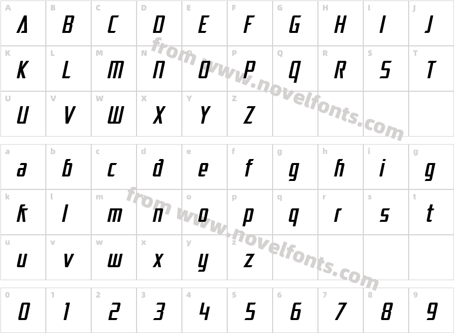 SF Electrotome Condensed ObliqueCharacter Map