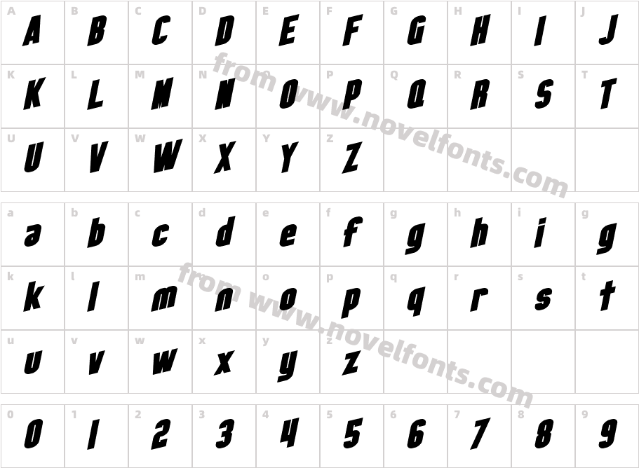 SF Obliquities BoldCharacter Map