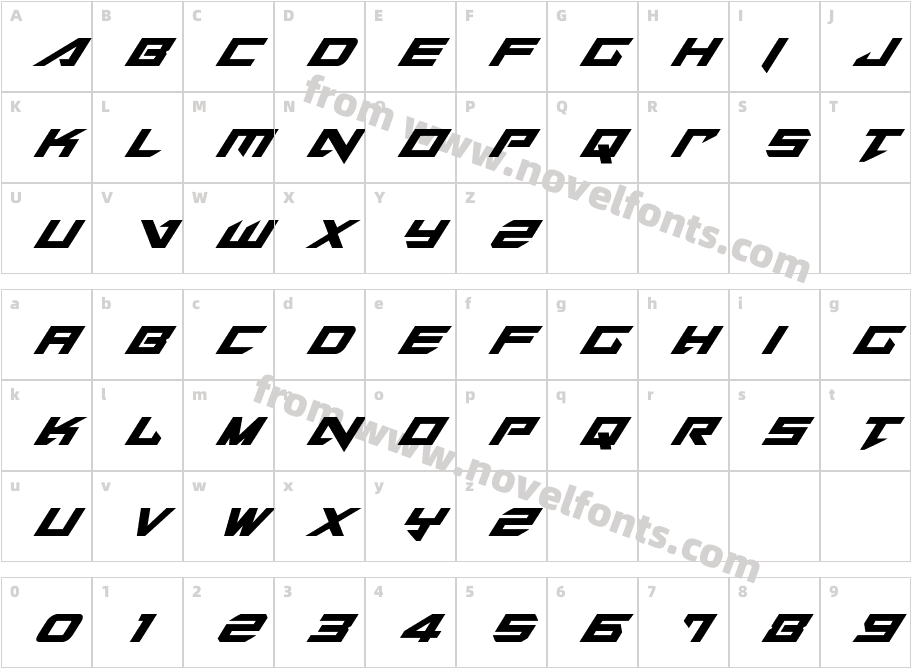 Tarrget Condensed ItalicCharacter Map