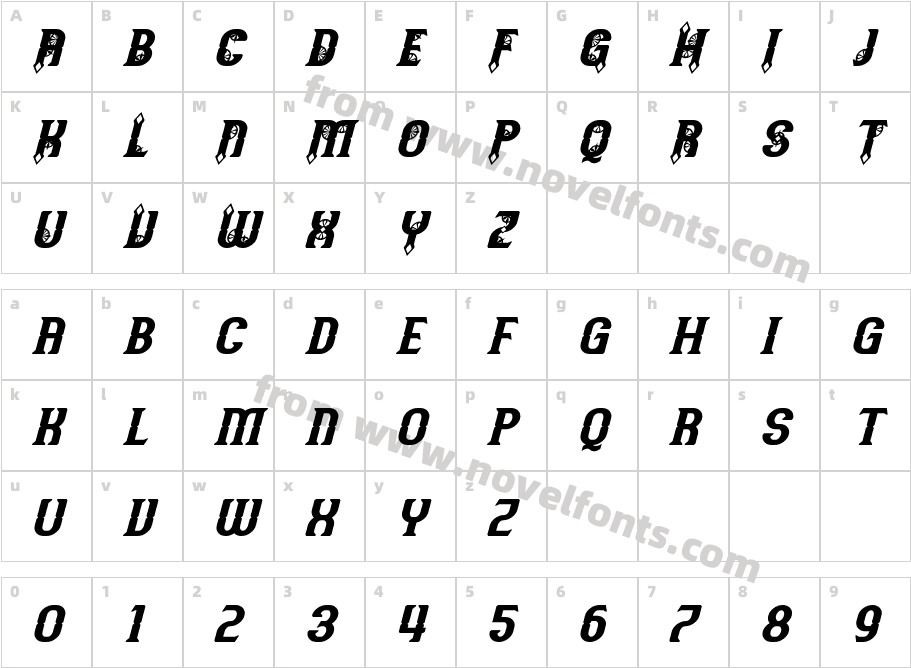 Timepiece ItalicCharacter Map