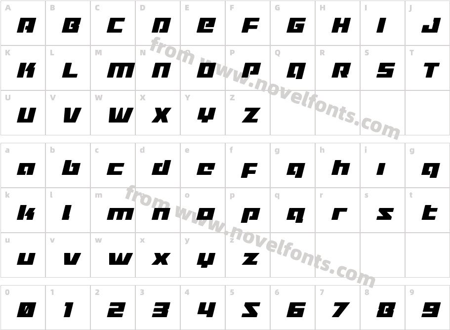 Turbo Charge Condensed ItalicCharacter Map