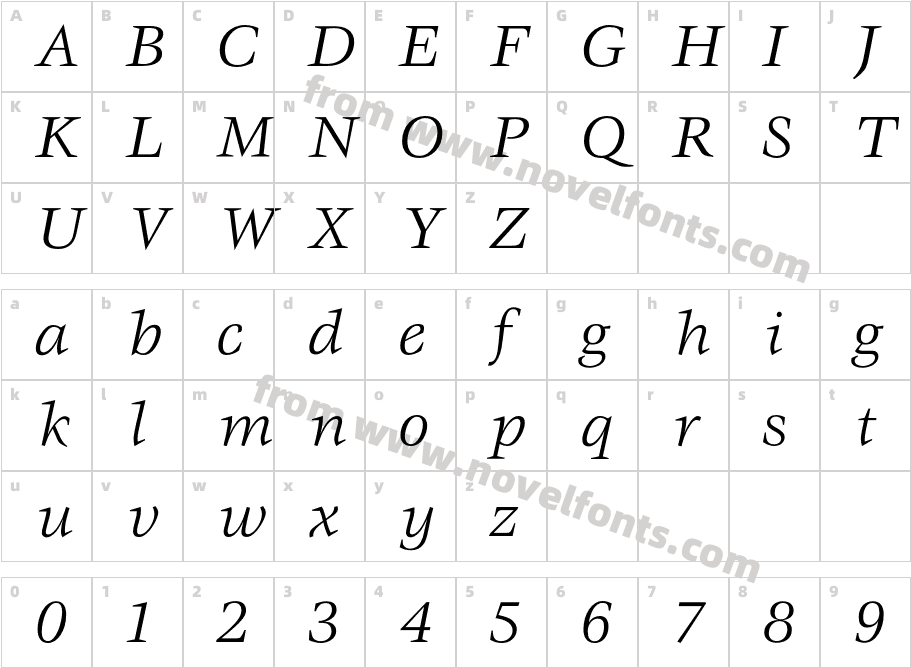 VeljovicBookItalicCharacter Map