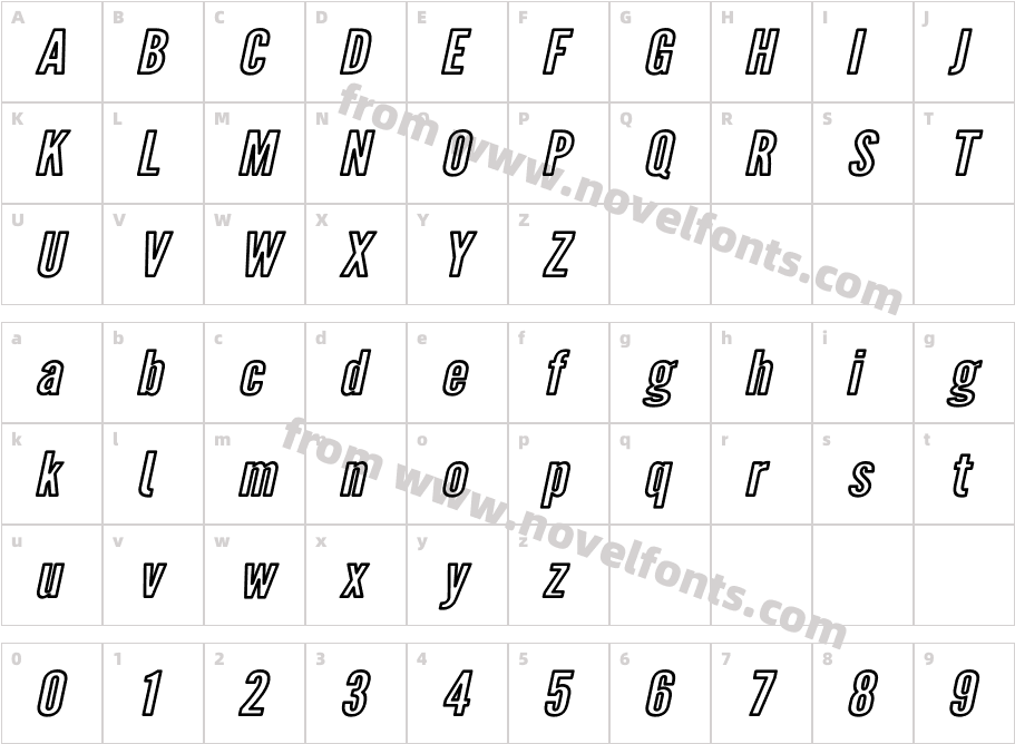 Warsaw Gothic Extended Outline ObliqueCharacter Map