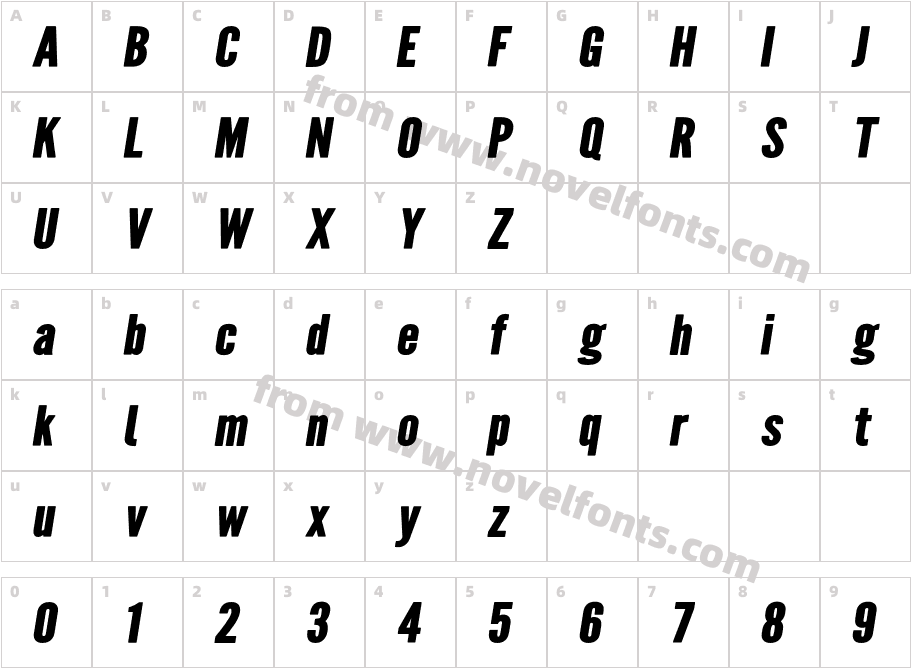 Warsaw Gothic Woodtype ObliqueCharacter Map