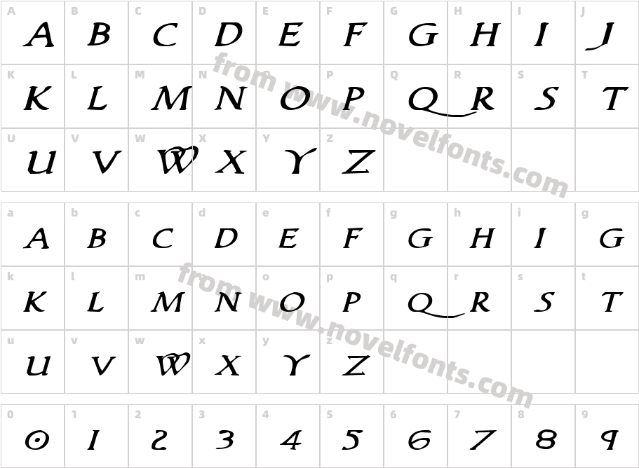 Woodgod Expanded ItalicCharacter Map