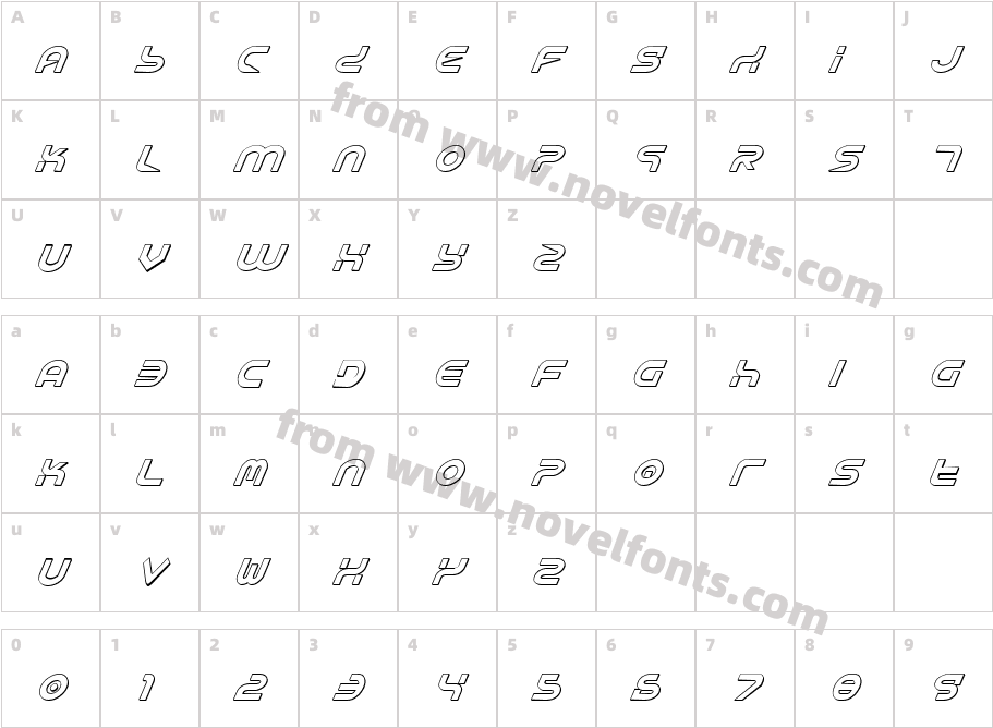 Yukon Tech Shadow ItalicCharacter Map