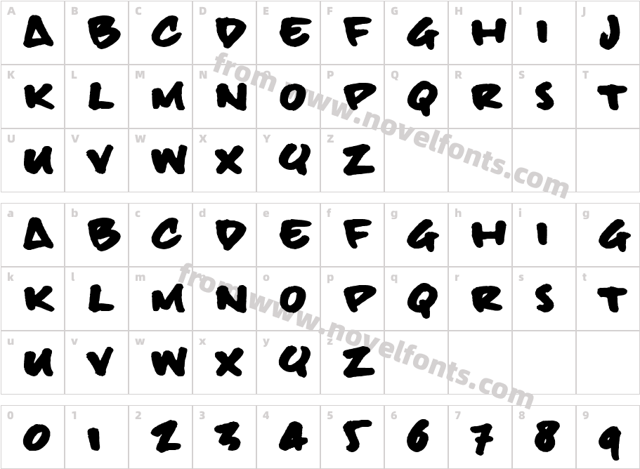 billieBoldHandCharacter Map