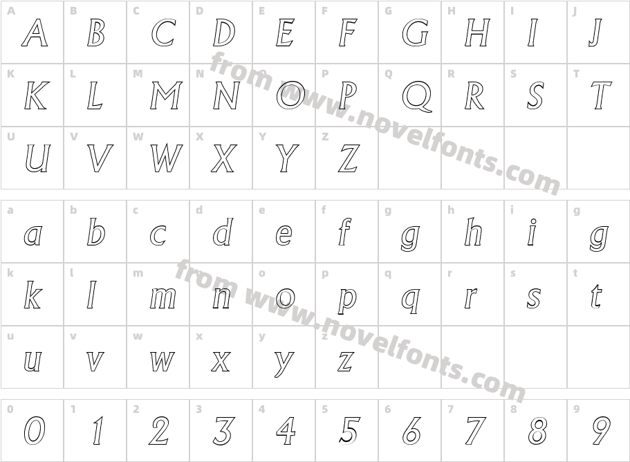 AdelonOutlineItalicCharacter Map