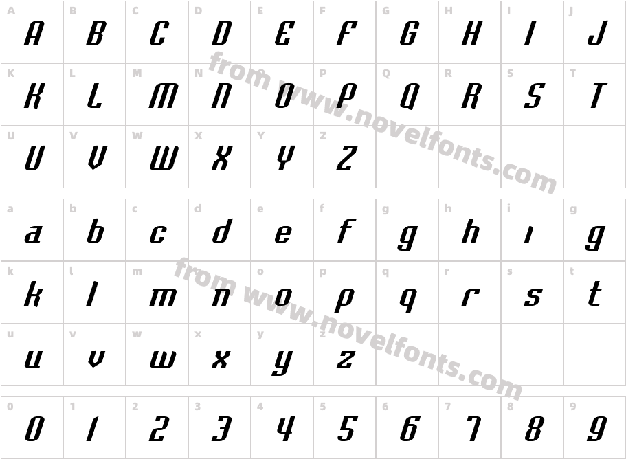 BaccusExpandedItalicCharacter Map