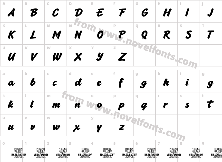 Bacony Script PERSONAL USE RegularCharacter Map