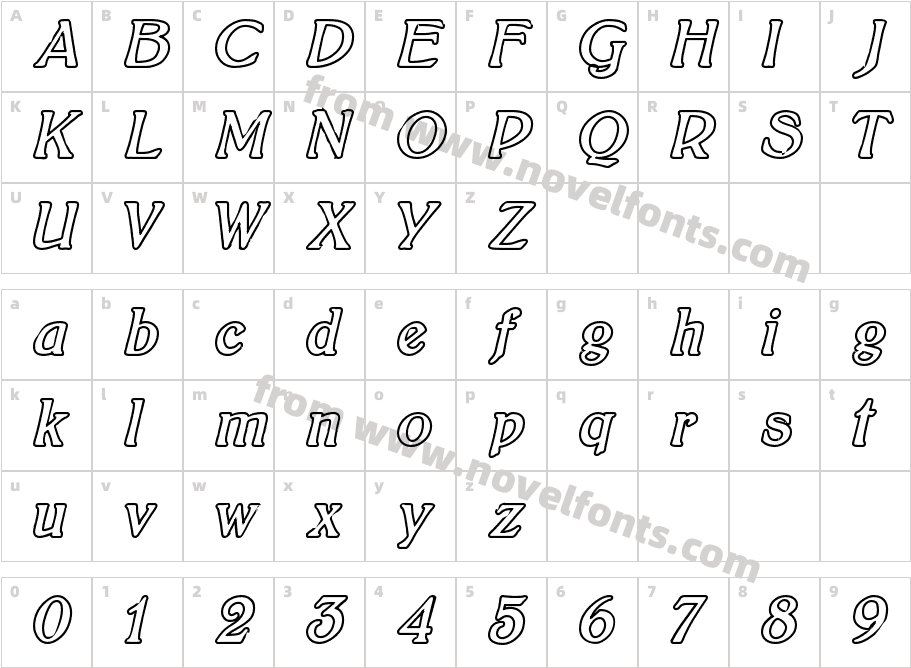 BoltonItalicOutlineCharacter Map