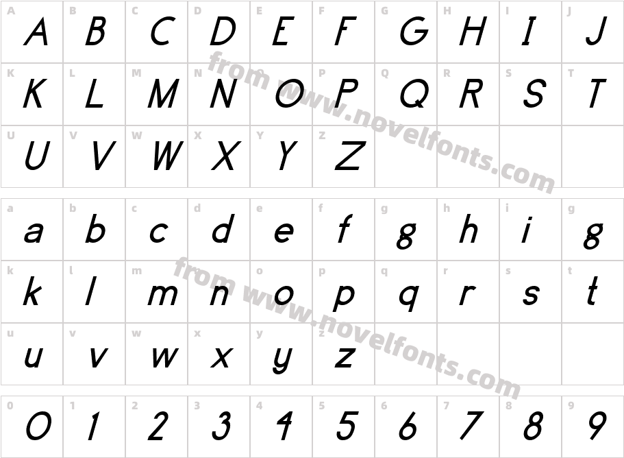 BrassfieldItalicCharacter Map