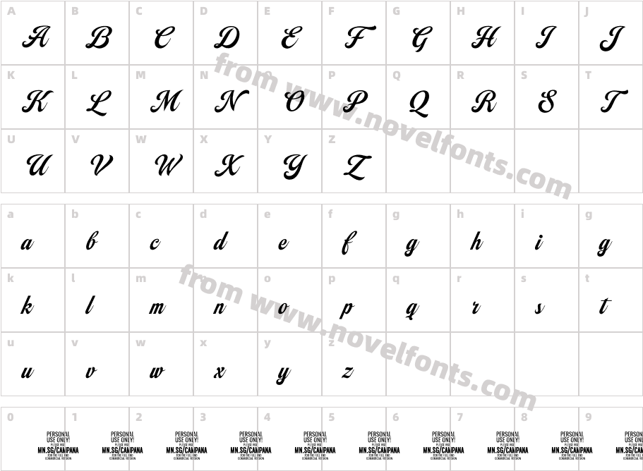 Campana Script PERSONAL USE RegularCharacter Map