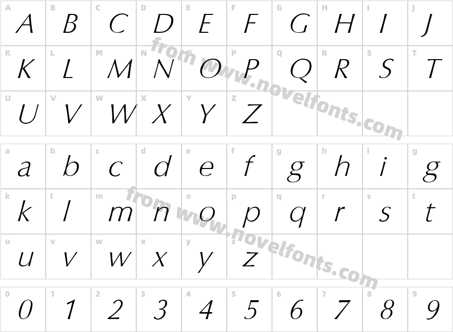 ColumbiaSerialXlightItalicCharacter Map